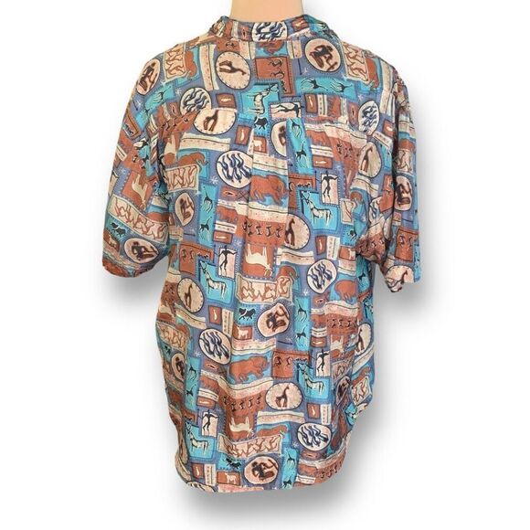 Vintage One Eight Hundred Shirt Aqua Blue Native Art Printed Short Sleeve Silk - Picture 5 of 8